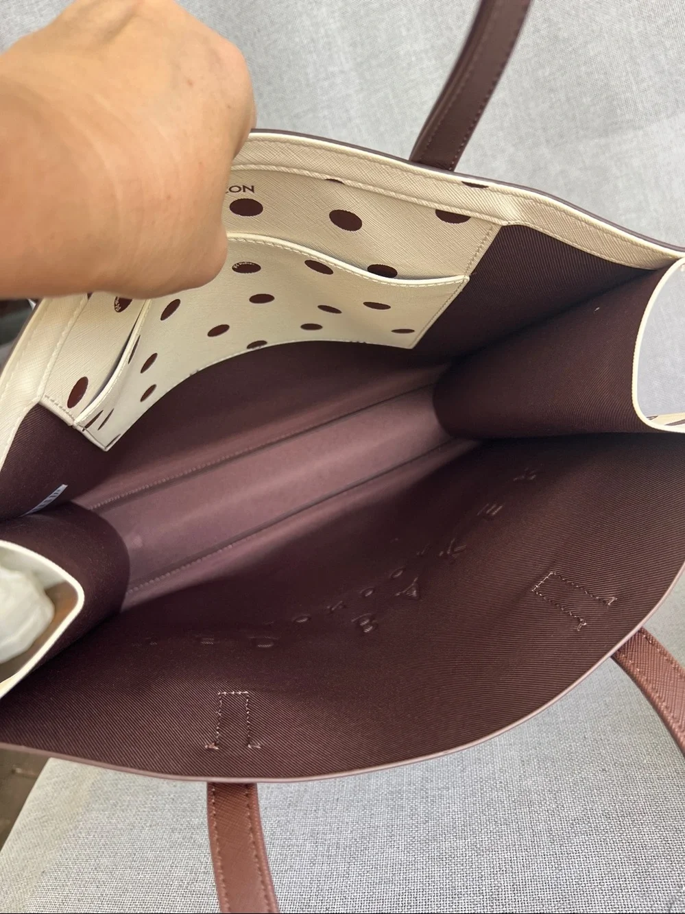 TED BAKER London Icon Polka Dot Saffiano tote shopper brown / cream NWT